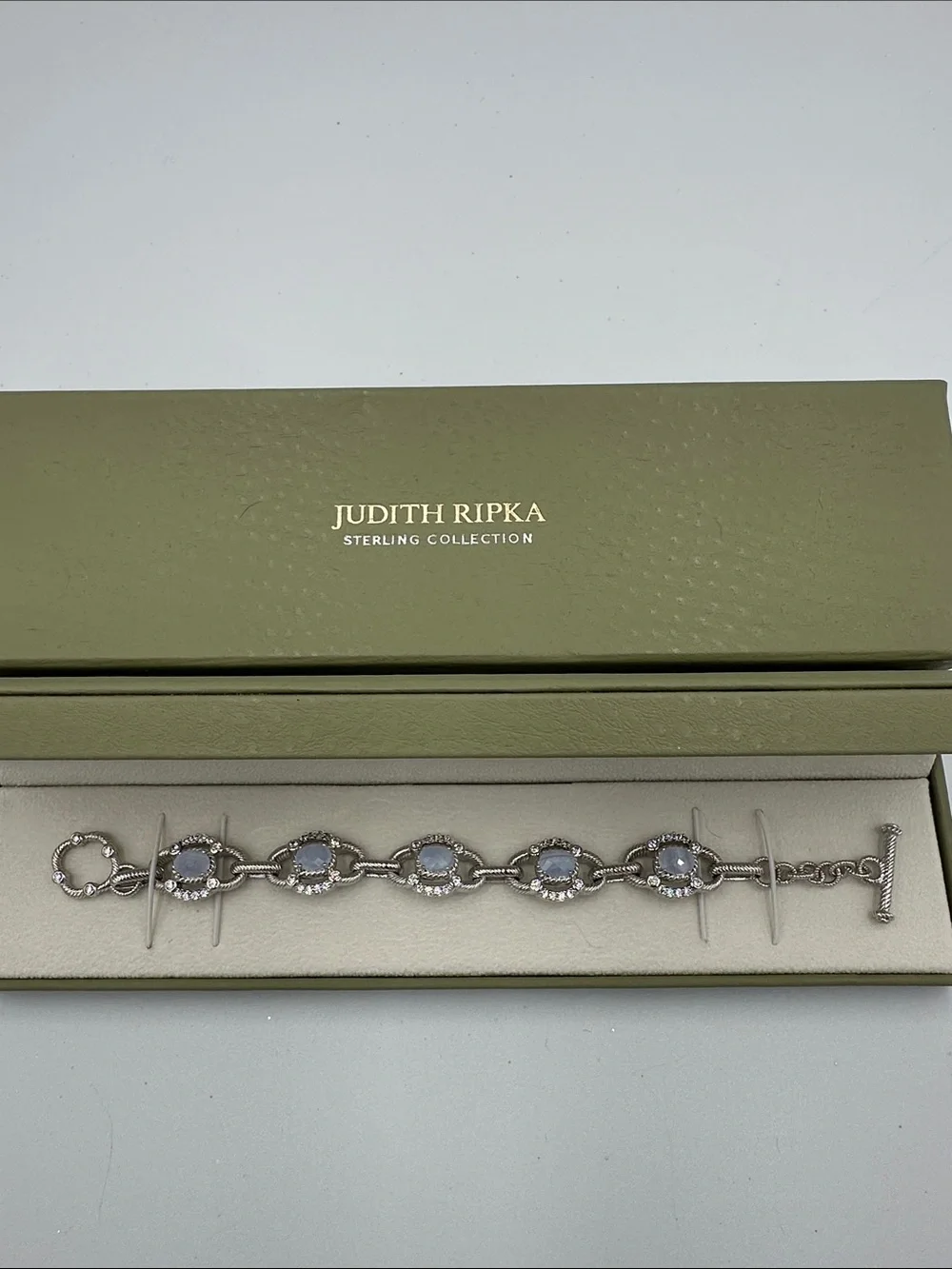 Judith Ripka 925 Sterling Silver Cable Links Toggle Stones CZ Bracelet